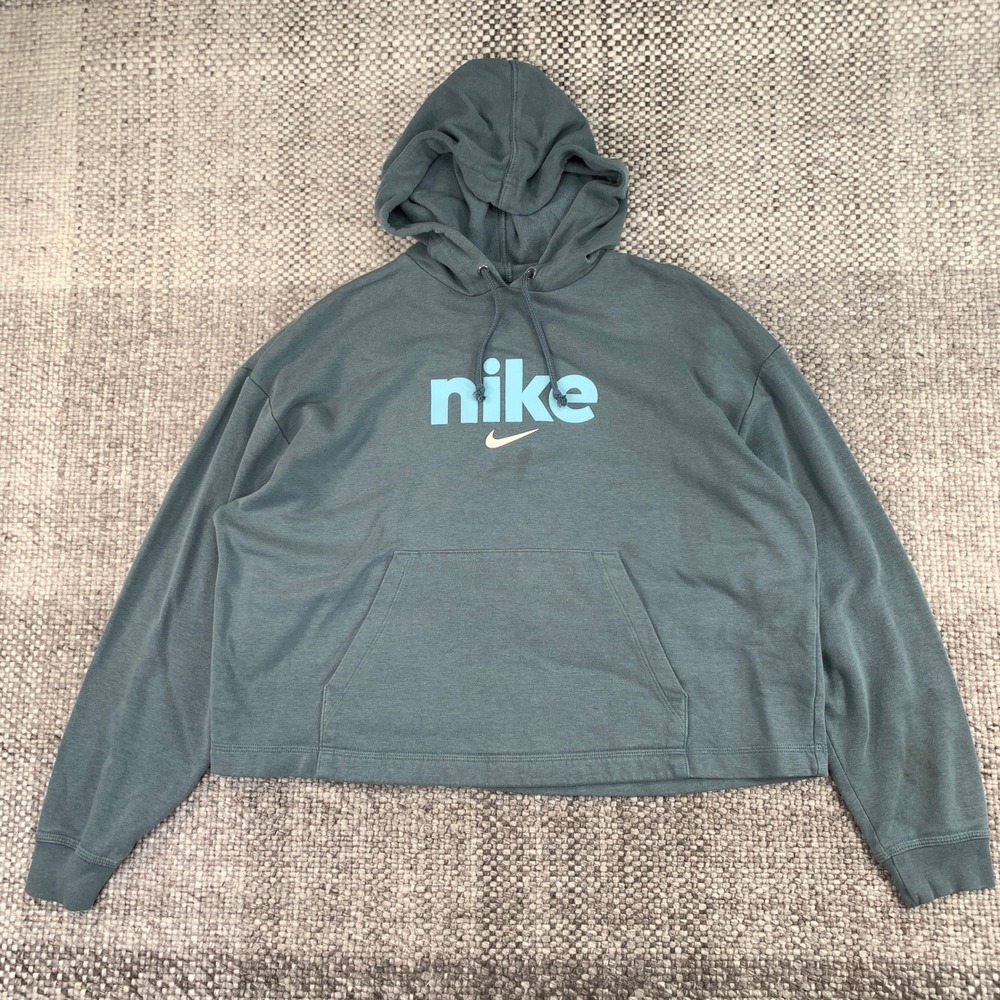 Nike Womens Sportswear Cropped Hoodie Teal Blue Logo Pullover Medium CJ2034-491